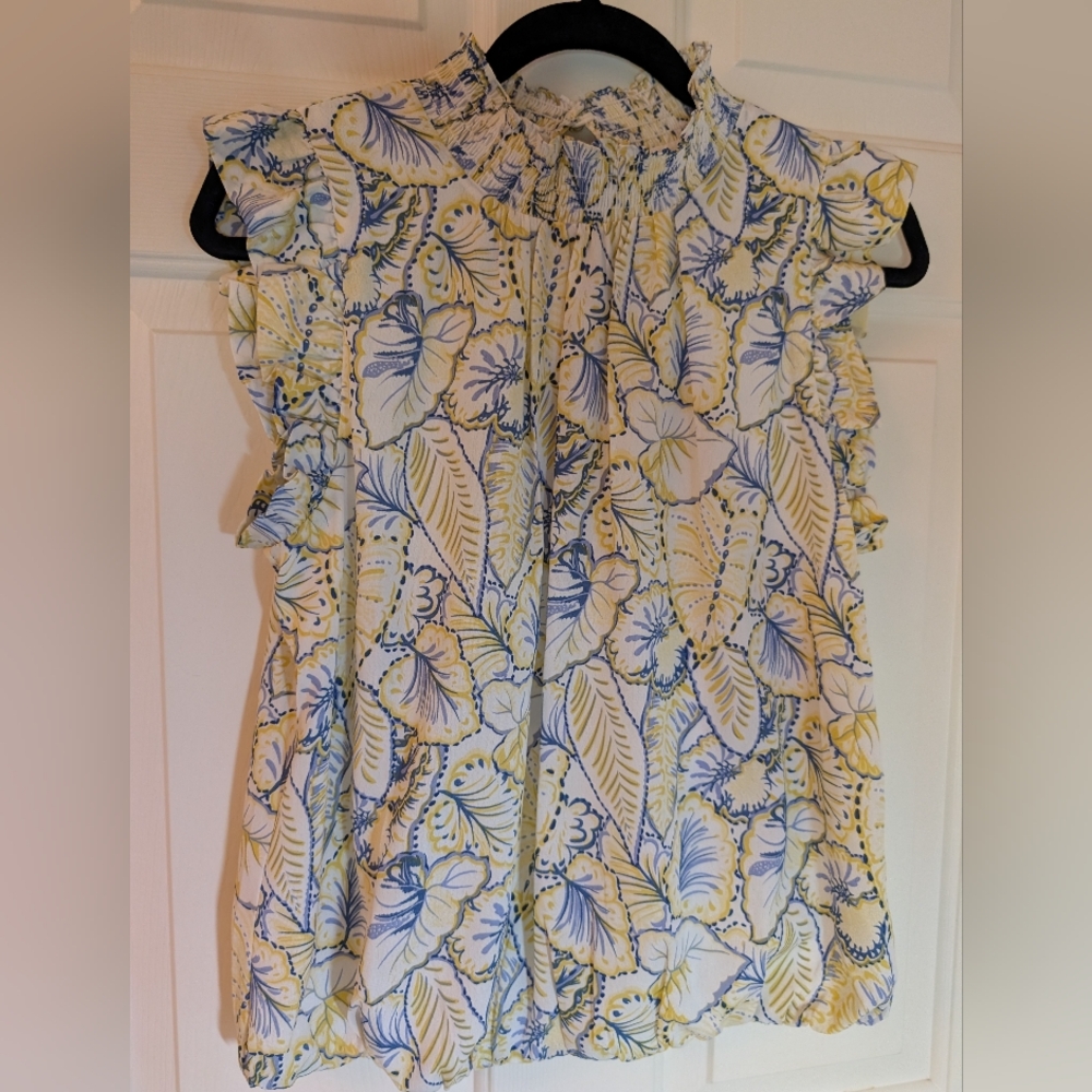 THML Top Flutter Sleeve And Semi Cinched Bottom. Blues And Yellows. Small